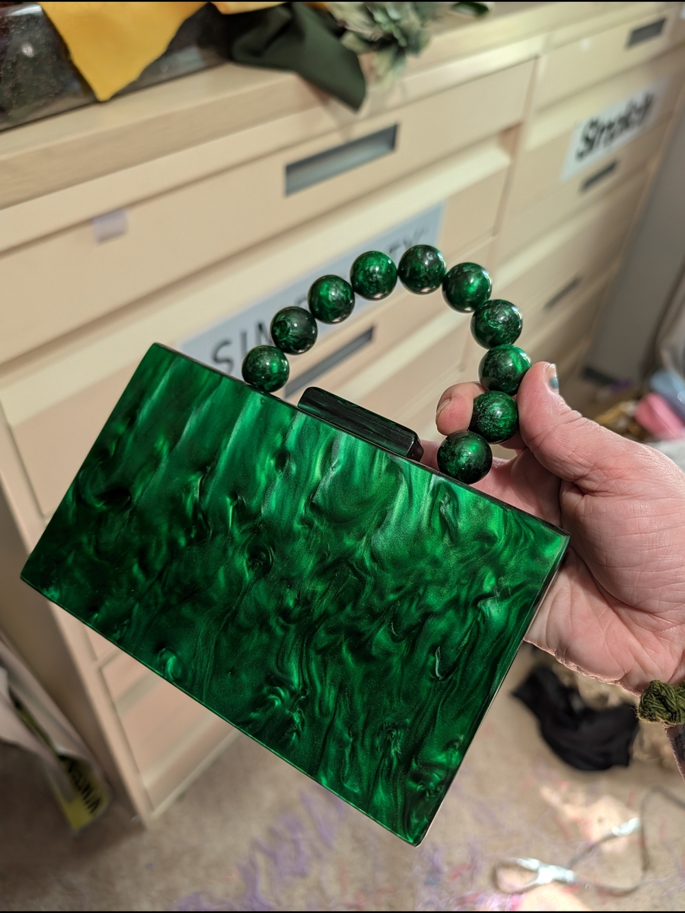 Green Pearl-Handle Acrylic Clutch Handbag